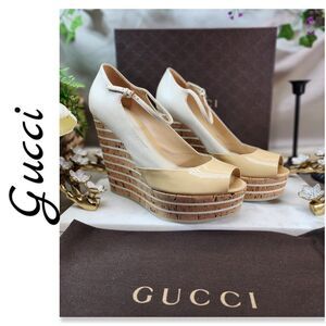 NIB GUCCI VERNICE CRYSTAL/NAPPA CHARLOTTE WEDGE PEEP TOE